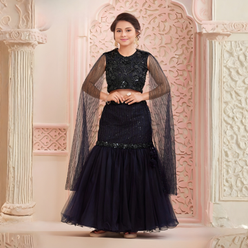 Navy Blue Embroidered Net Lehenga Choli