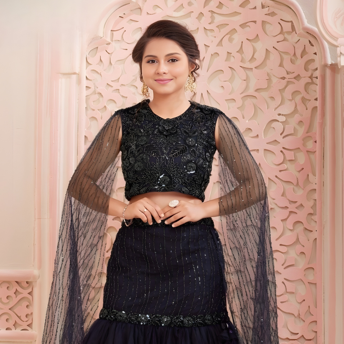 Navy Blue Embroidered Net Lehenga Choli