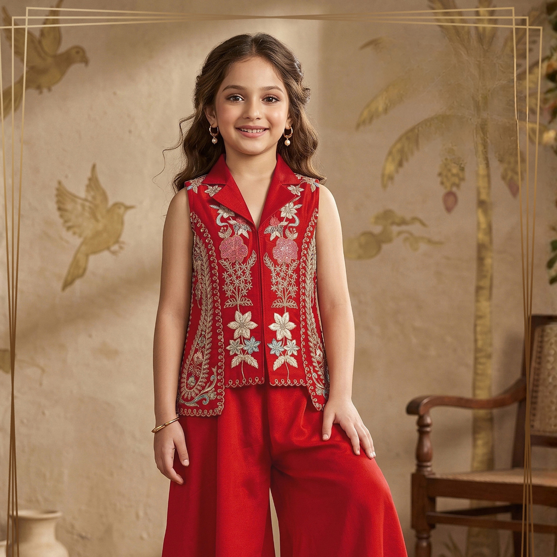 Red Silk Embroidery, Sequins V-neck Dusk-cord Set