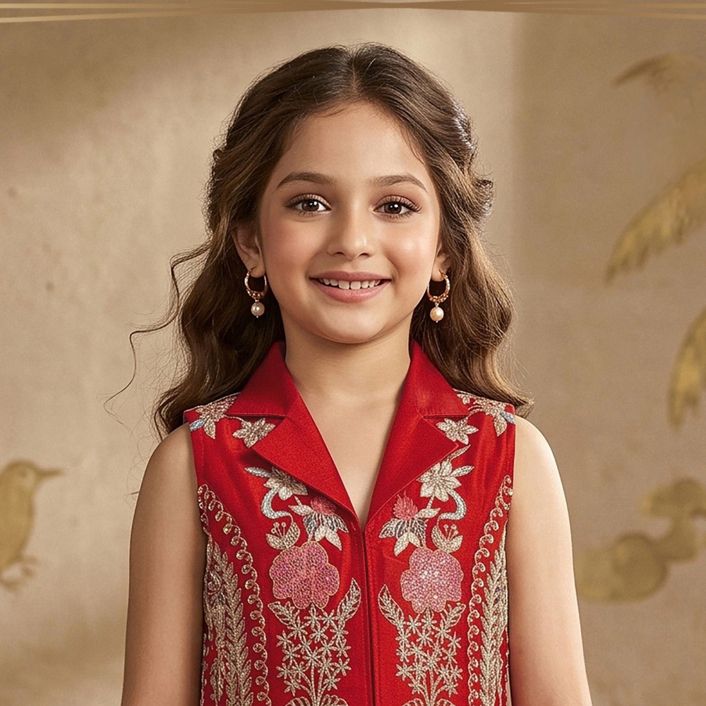 Red Silk Embroidery, Sequins V-neck Dusk-cord Set
