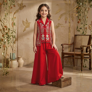 Red Silk Embroidery, Sequins V-neck Dusk-cord Set
