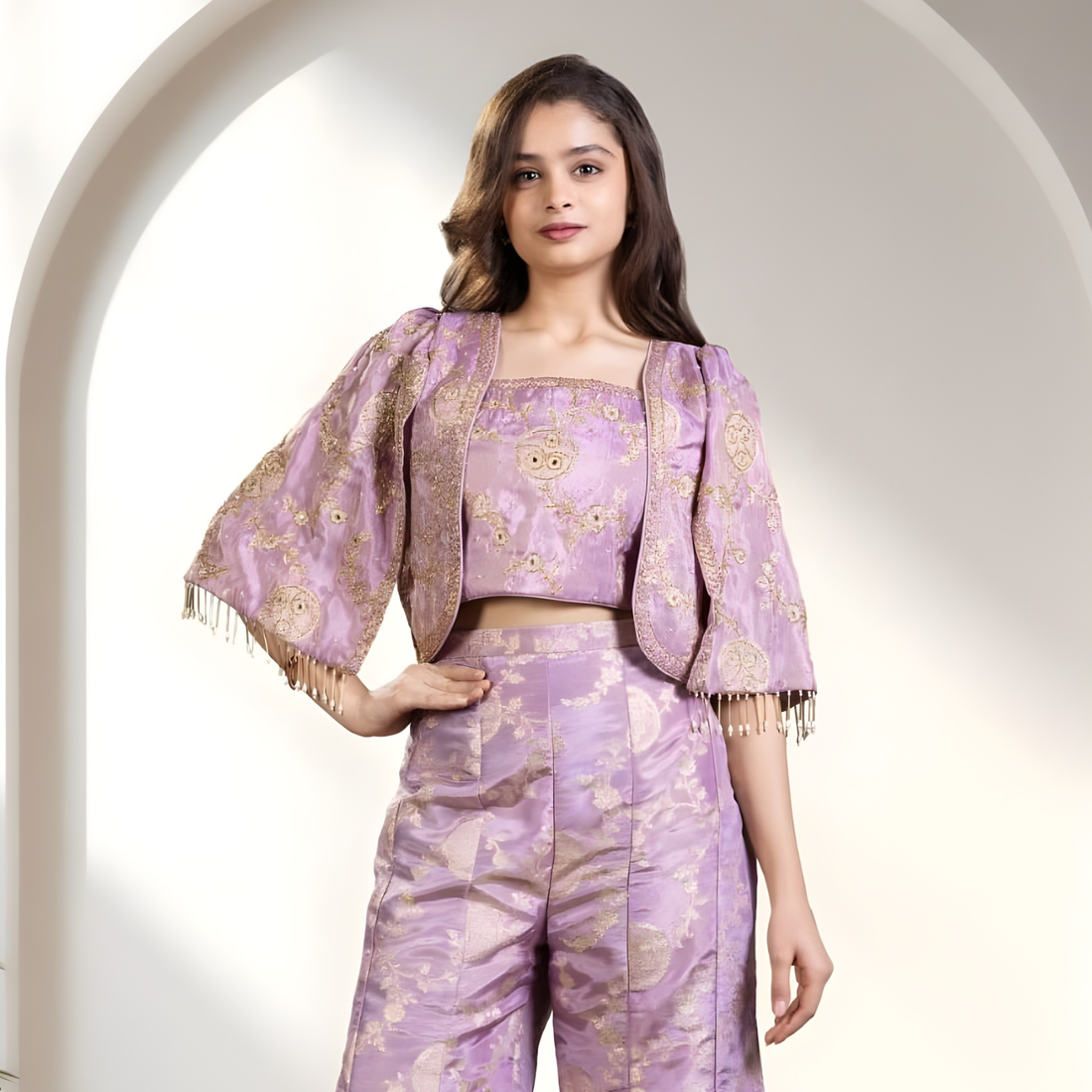 Peach Traditional Wear Palazzo Suit With Shrug