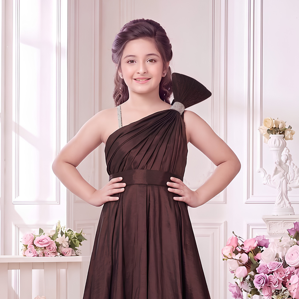 Wine One-Shoulder Embellished Party Gown For Girls