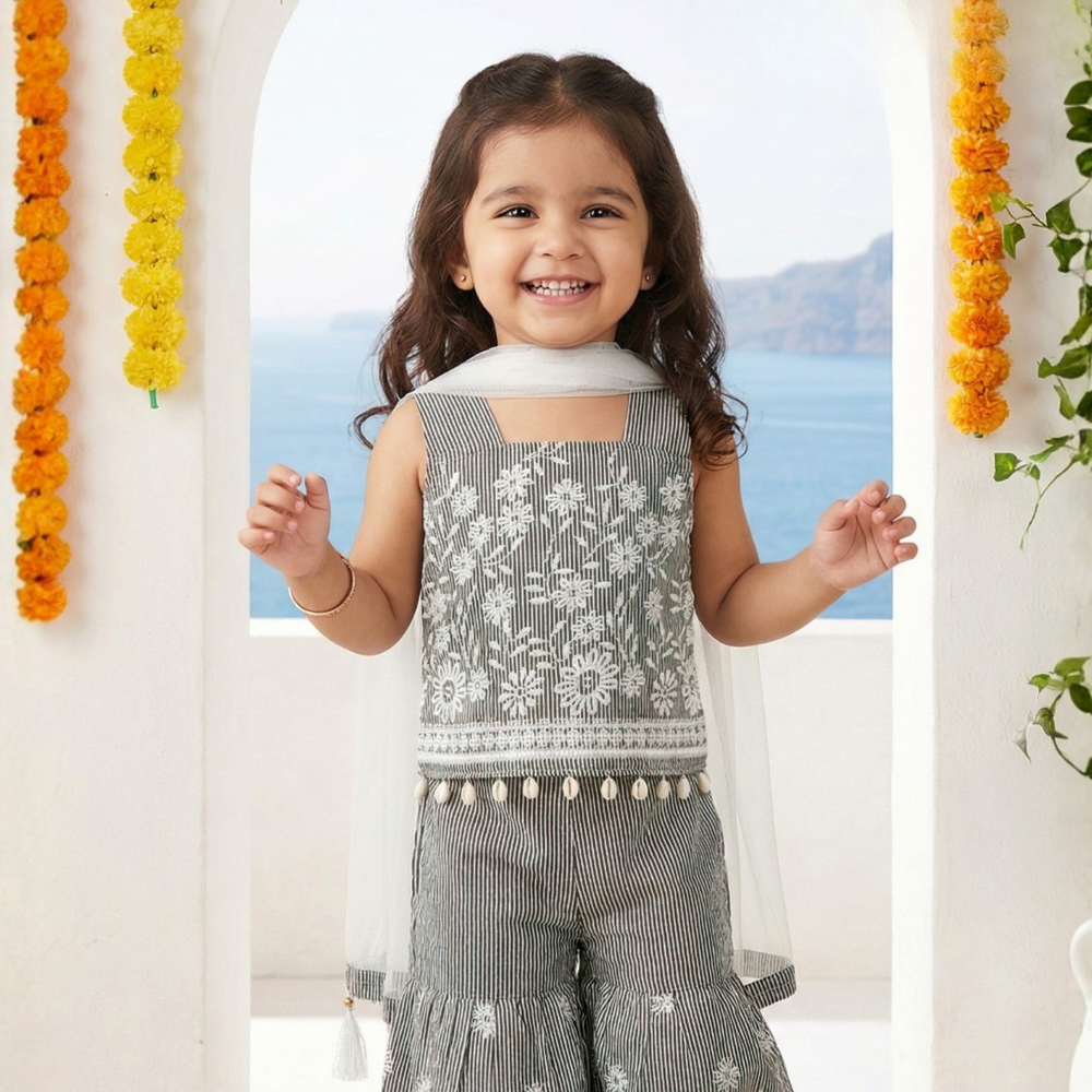 Girls Gray Peplum Embroidered Bell Bottom Set