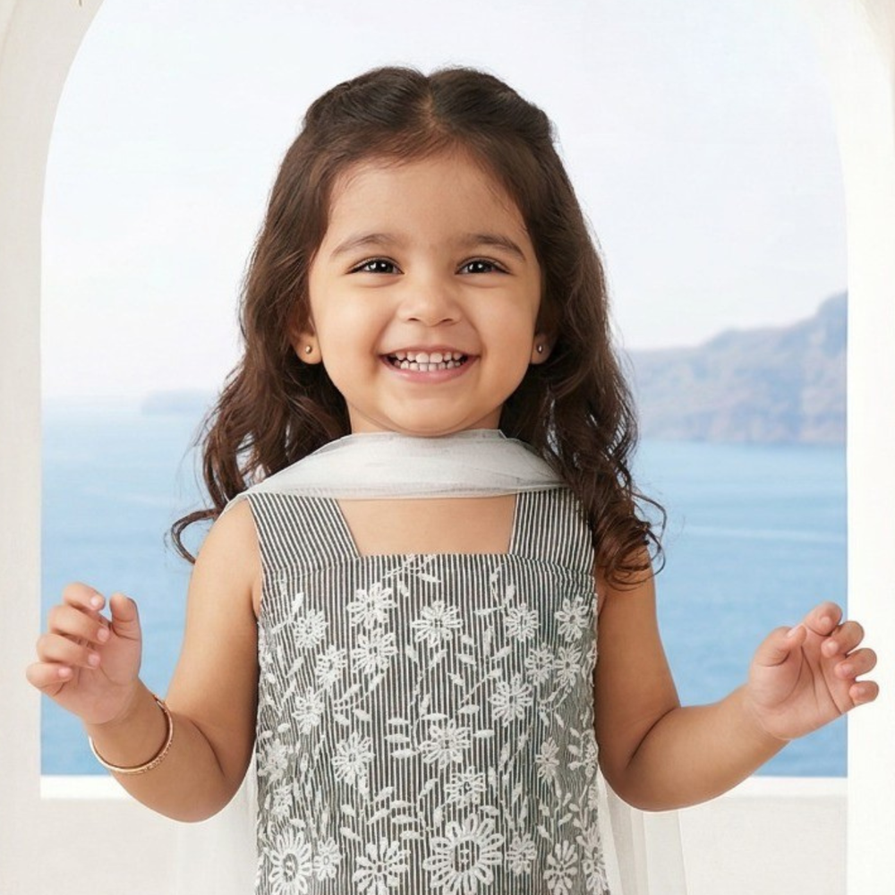 Girls Gray Peplum Embroidered Bell Bottom Set