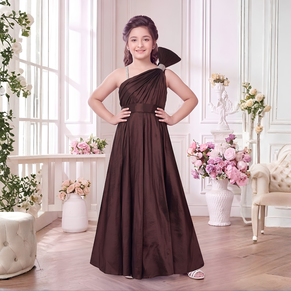 Wine One-Shoulder Embellished Party Gown For Girls