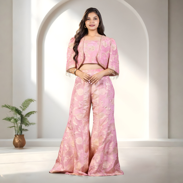 Peach Traditional Wear Palazzo Suit With Shrug