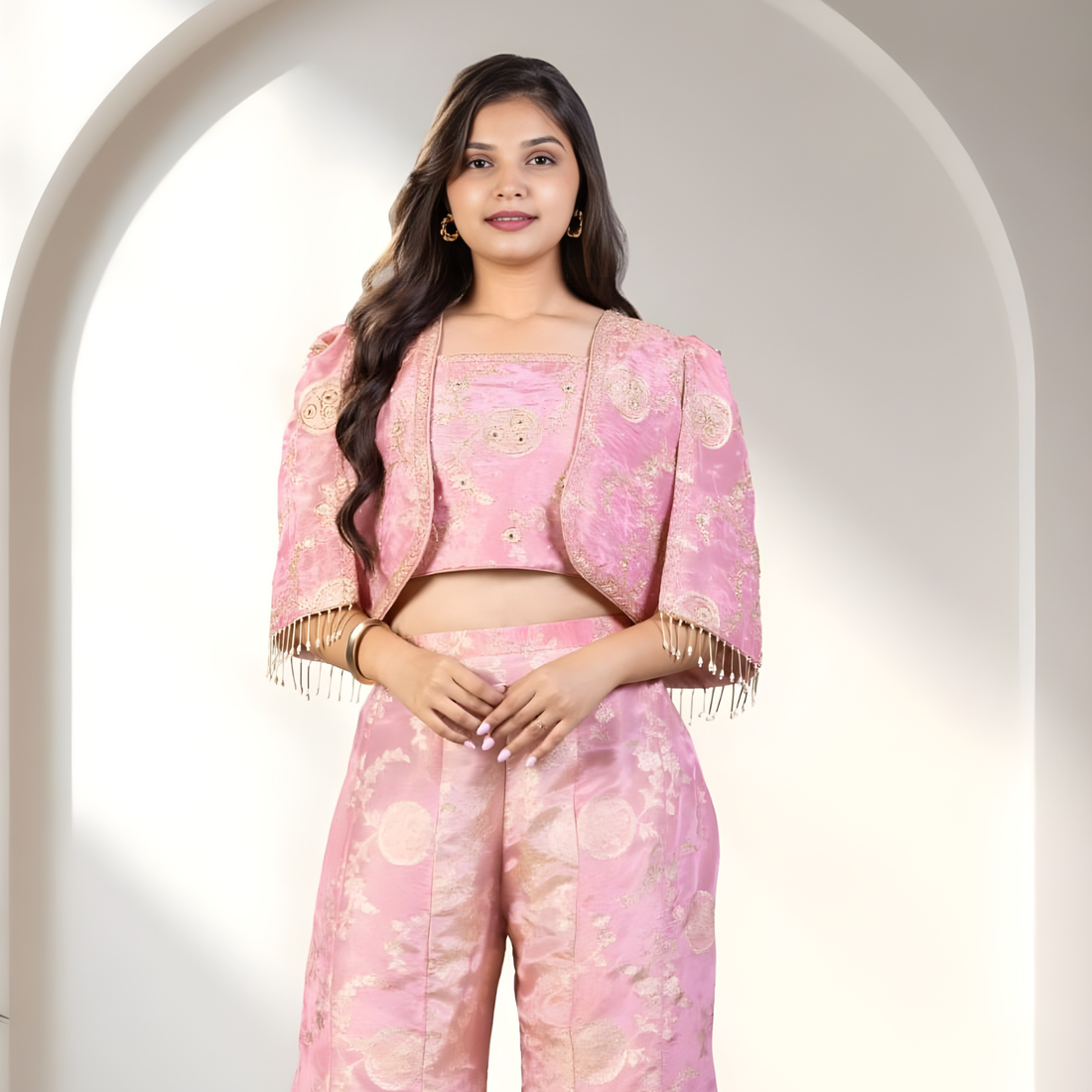 Peach Traditional Wear Palazzo Suit With Shrug