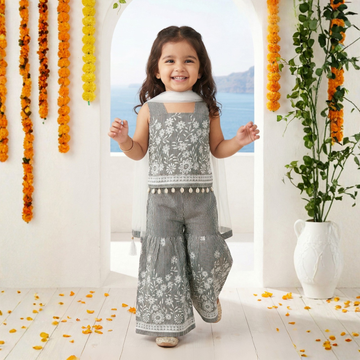 Girls Gray Peplum Embroidered Bell Bottom Set