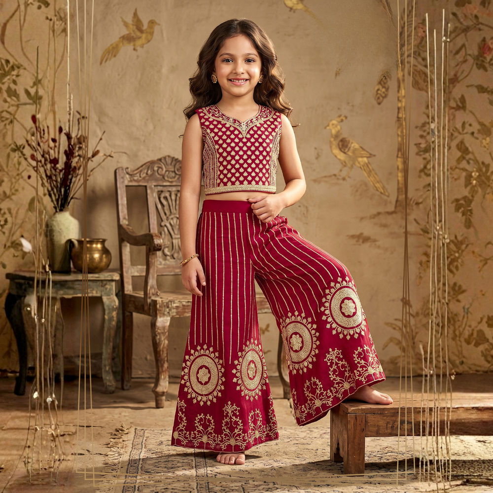 Maroon Georgette Embroidered Peplum Top and Palazzo Set