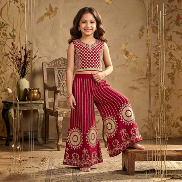 Maroon Georgette Embroidered Peplum Top and Palazzo Set