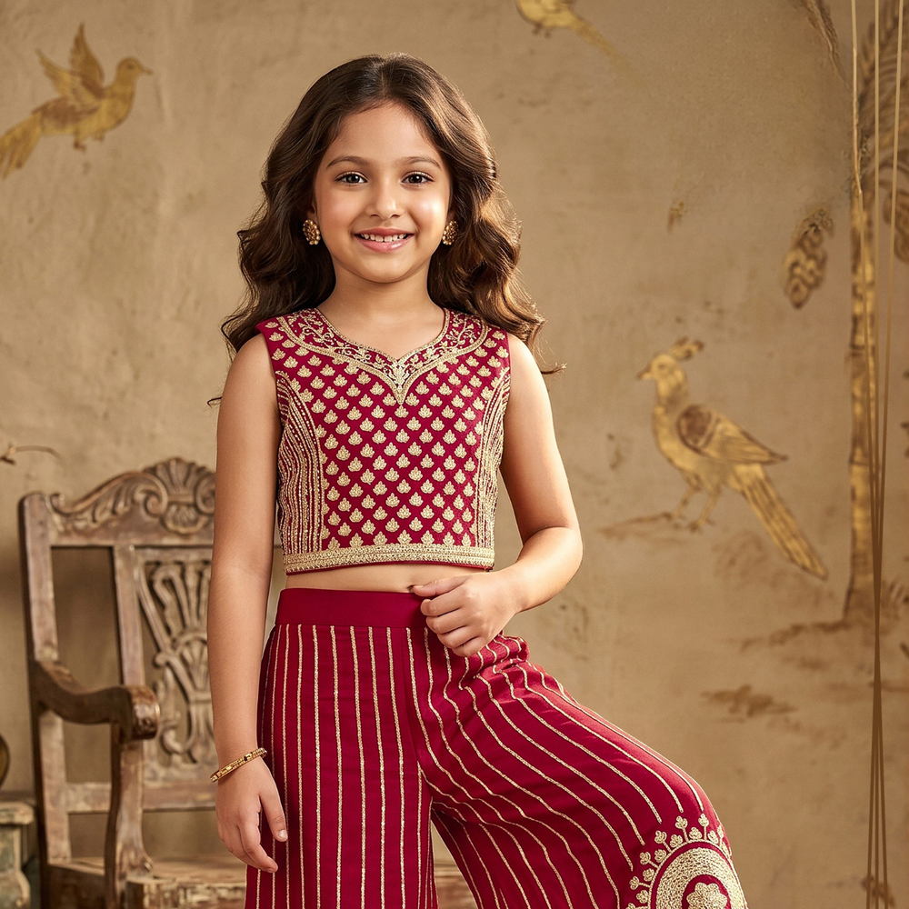 Maroon Georgette Embroidered Peplum Top and Palazzo Set