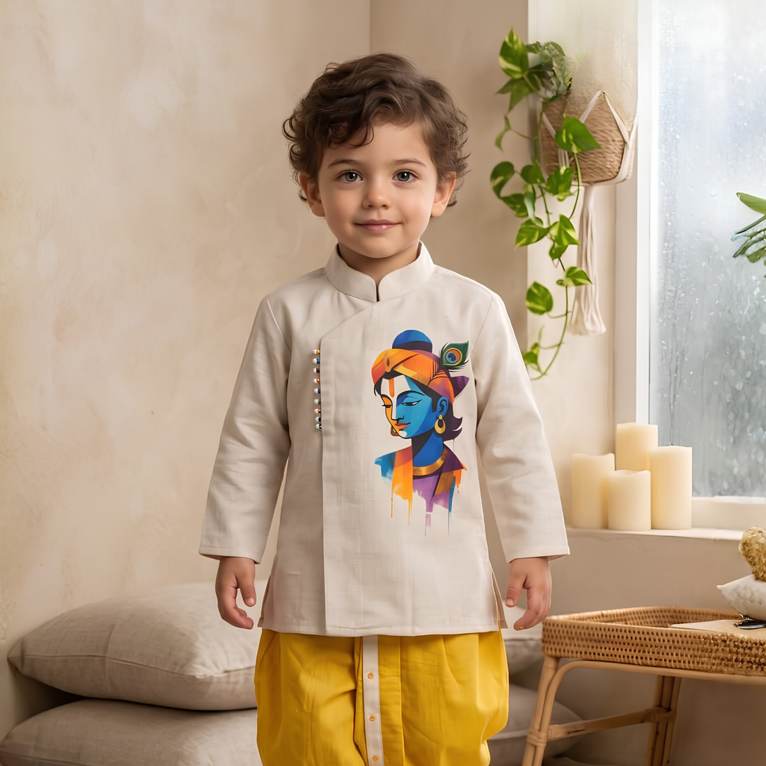 Krishna Hand Painted Kurta With Dhoti Set