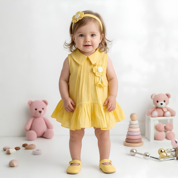 Girls Yellow Sleeveless Fancy Frock