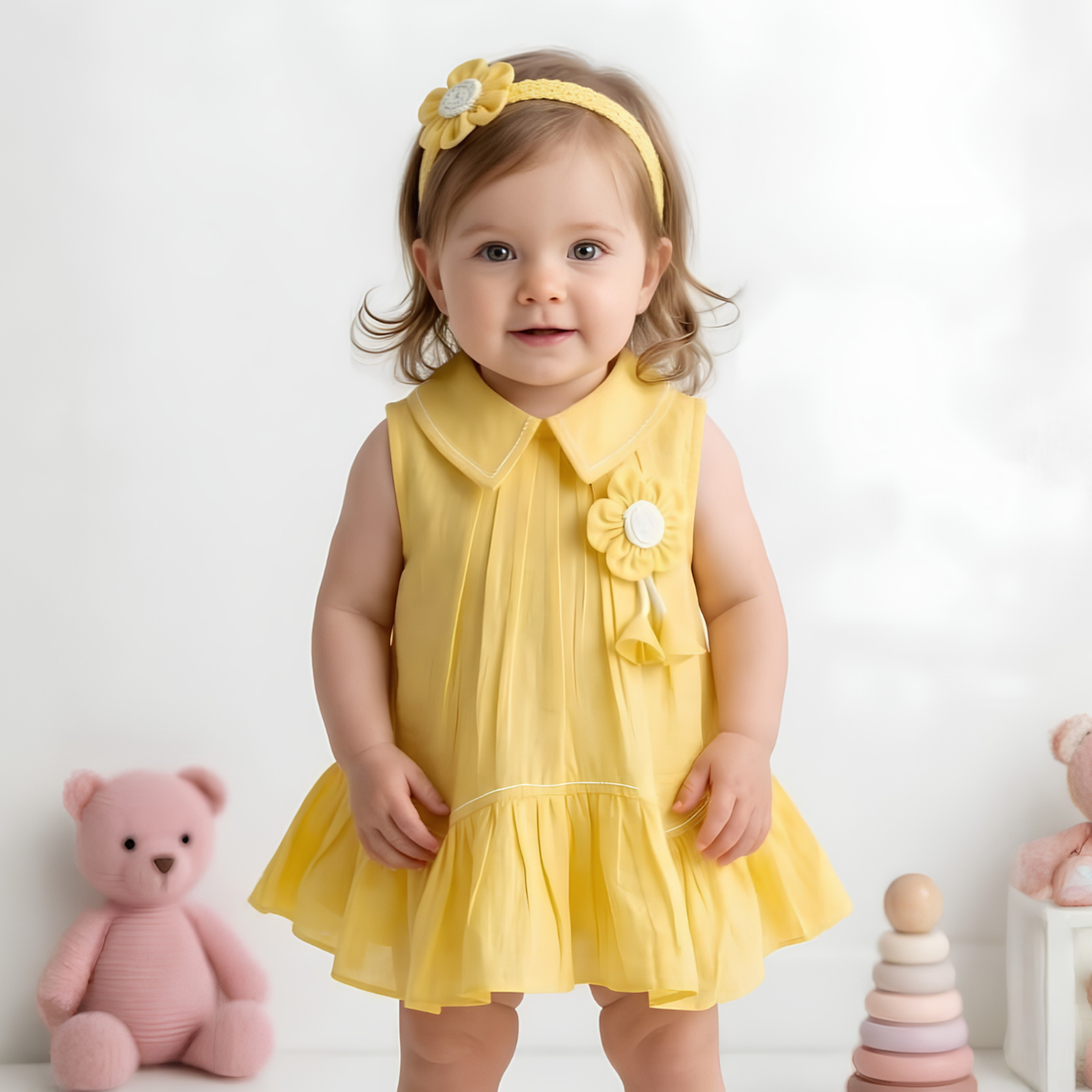Girls Yellow Sleeveless Fancy Frock