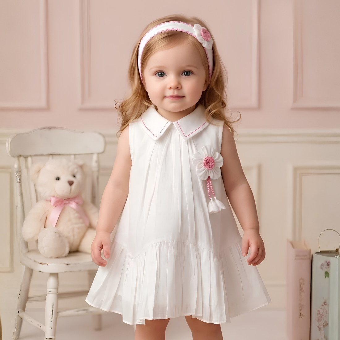 Girls White Sleeveless Fancy Frock