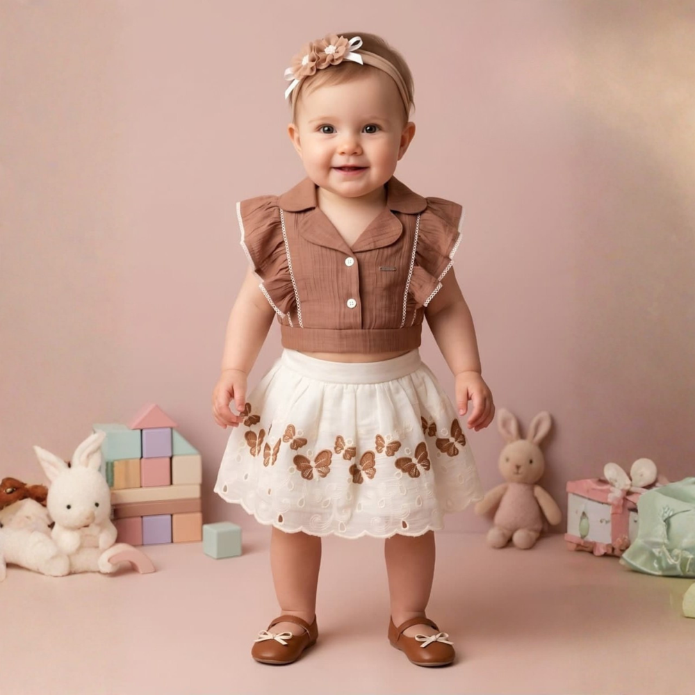 Stylish Girls Brown Floral Crop Top & Skirt Set