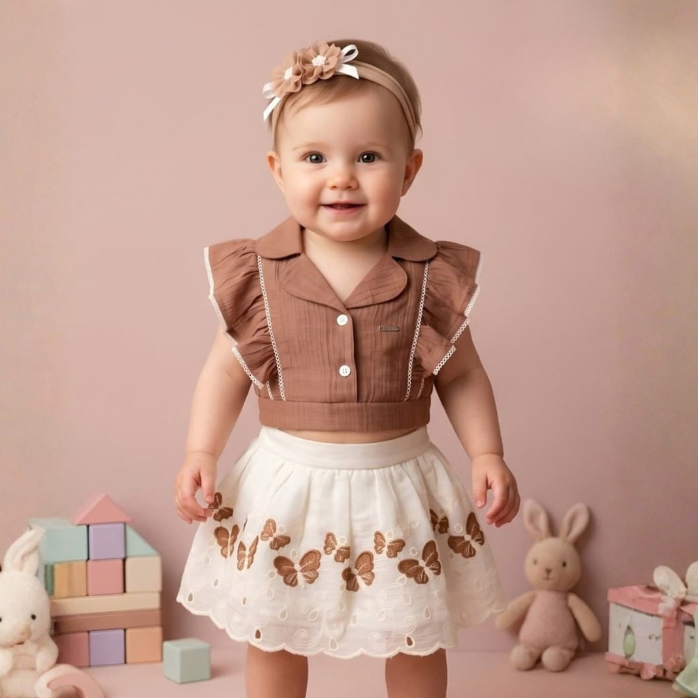 Stylish Girls Brown Floral Crop Top & Skirt Set