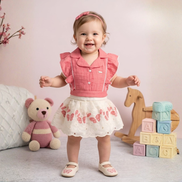 Stylish Girls Pink Floral Crop Top & Skirt Set