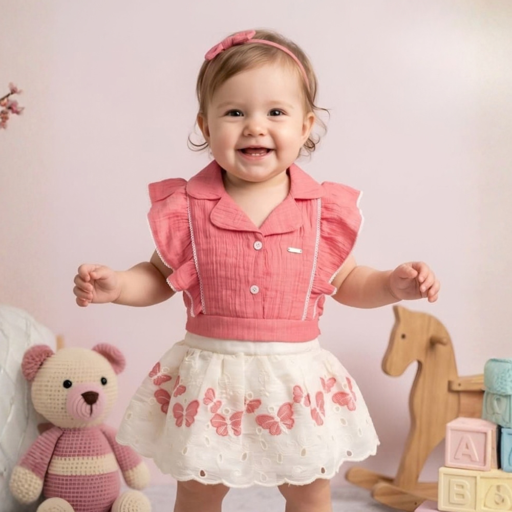Stylish Girls Pink Floral Crop Top & Skirt Set