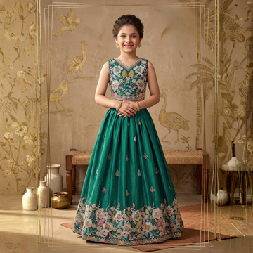 Green Floral Embroidery Girls Lehenga Choli with Zari, Beads and Sequins work