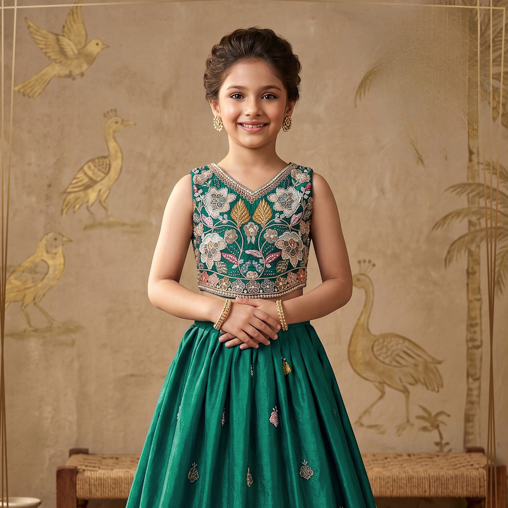 Green Floral Embroidery Girls Lehenga Choli with Zari, Beads and Sequins work