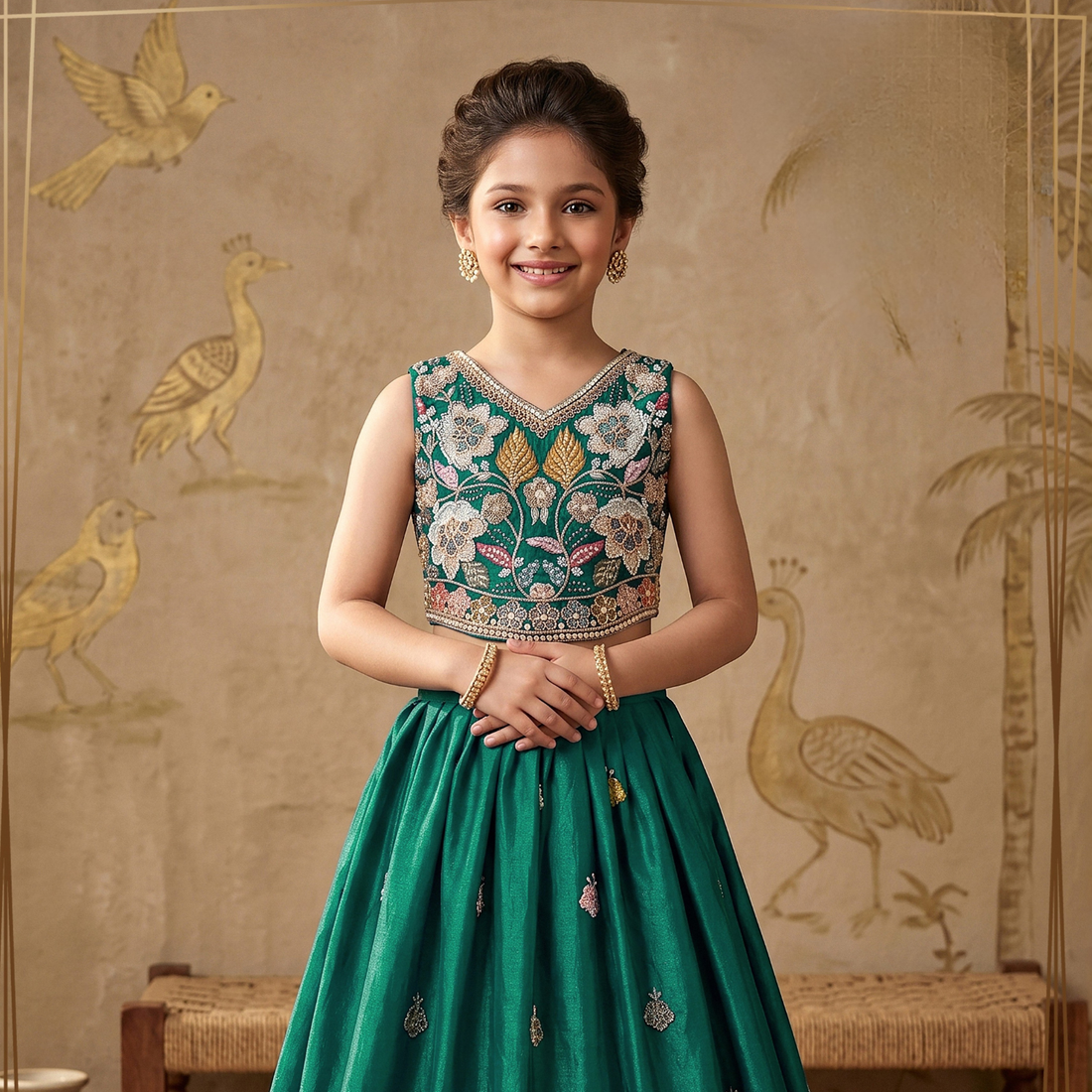 Green Floral Embroidery Girls Lehenga Choli with Zari, Beads and Sequins work