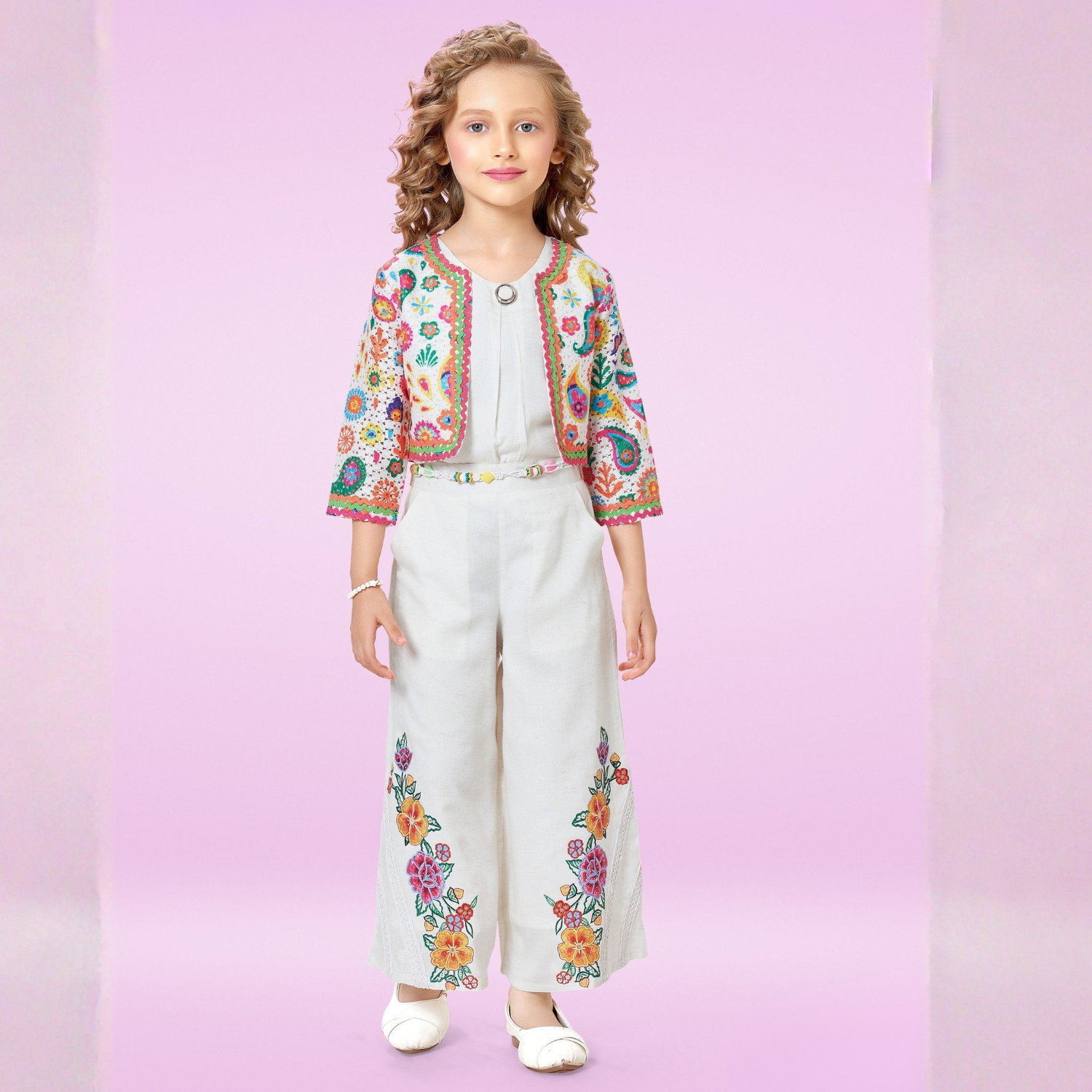 White Printed Palazzo Set with Jacket