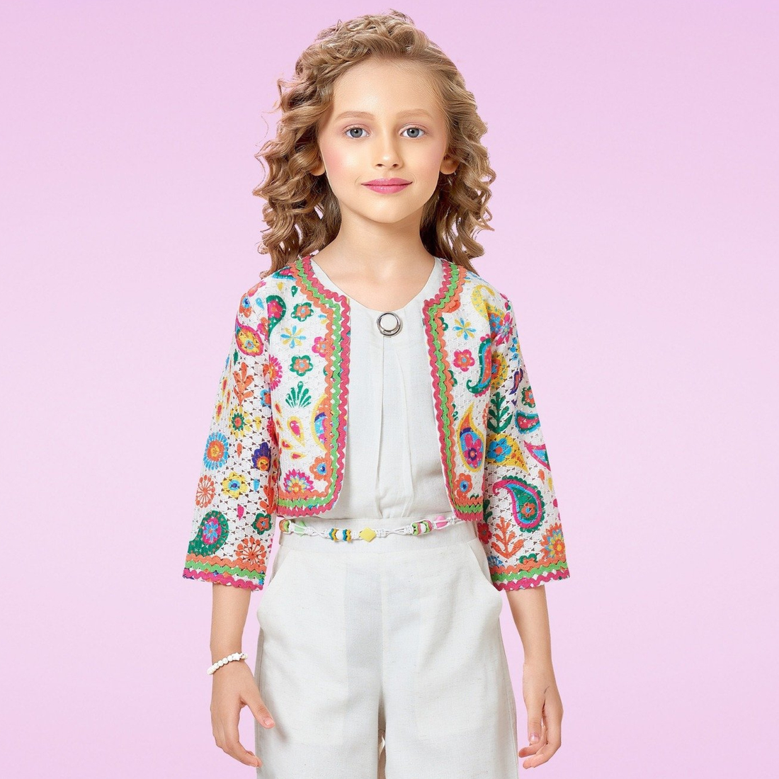 White Printed Palazzo Set with Jacket