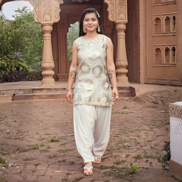 Ivory Gold Textured Kurti with Cream Patiala Set For Girls