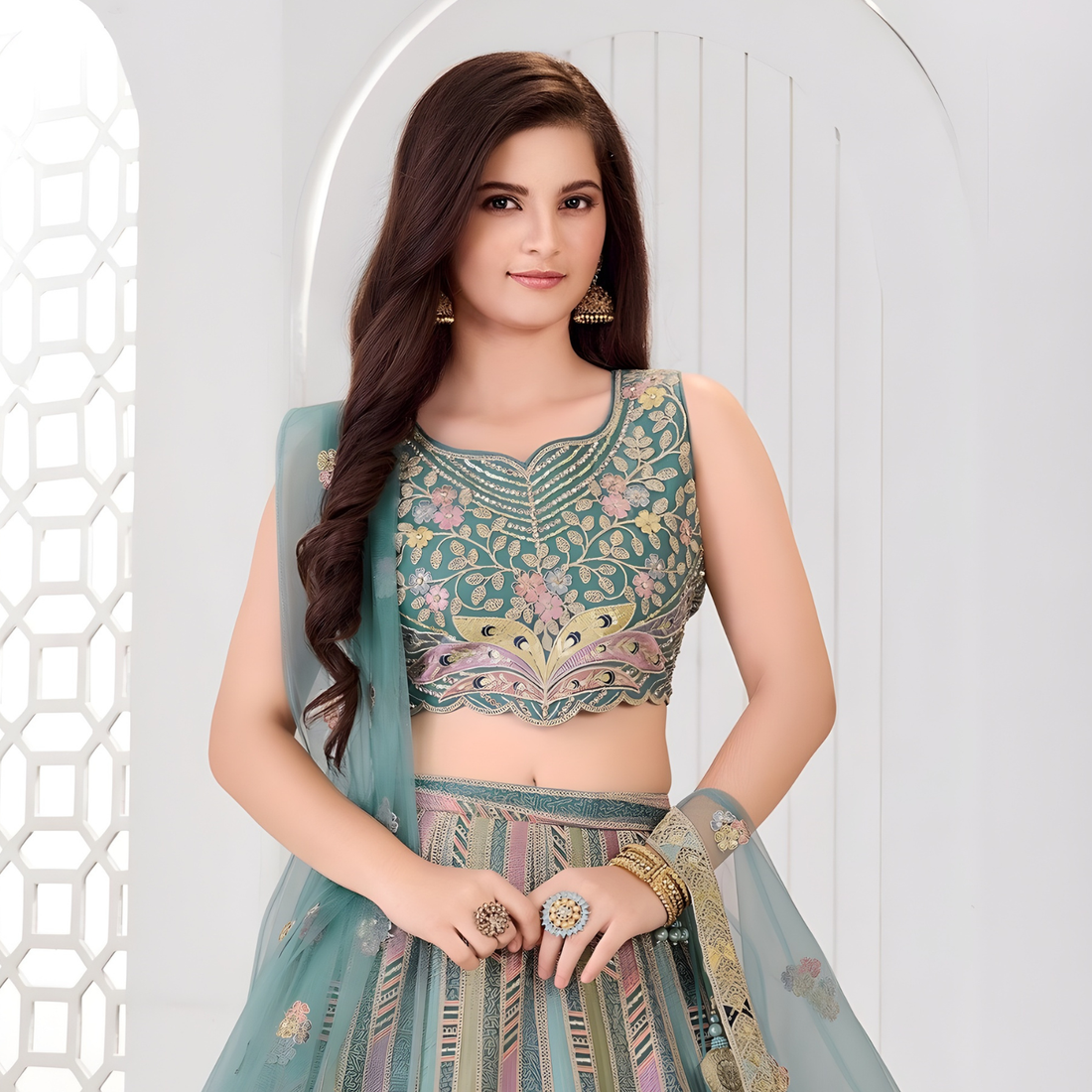 Green Designer Embroidered Wedding Bridal Lehenga Choli