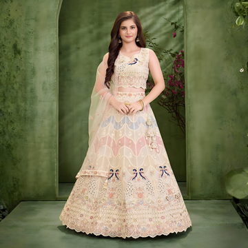 Designer Wedding Embroidered Cream A Line Lehenga Choli