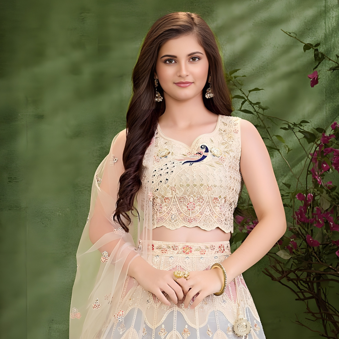 Designer Wedding Embroidered Cream A Line Lehenga Choli