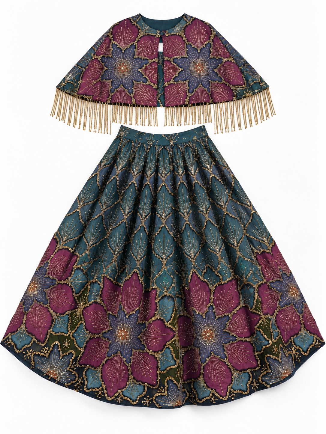 Girls Blue Embroidered Cape Lehenga Set