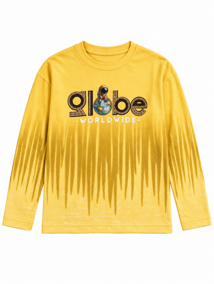 Boys Mustard Yellow Ombre Globe Print Full Sleeve T-Shirt