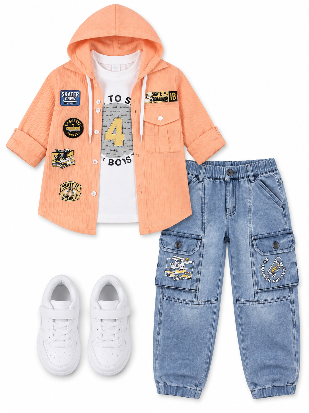 Boys Peach Hooded Shirt, T-shirt and Denim Cargo Pants Set