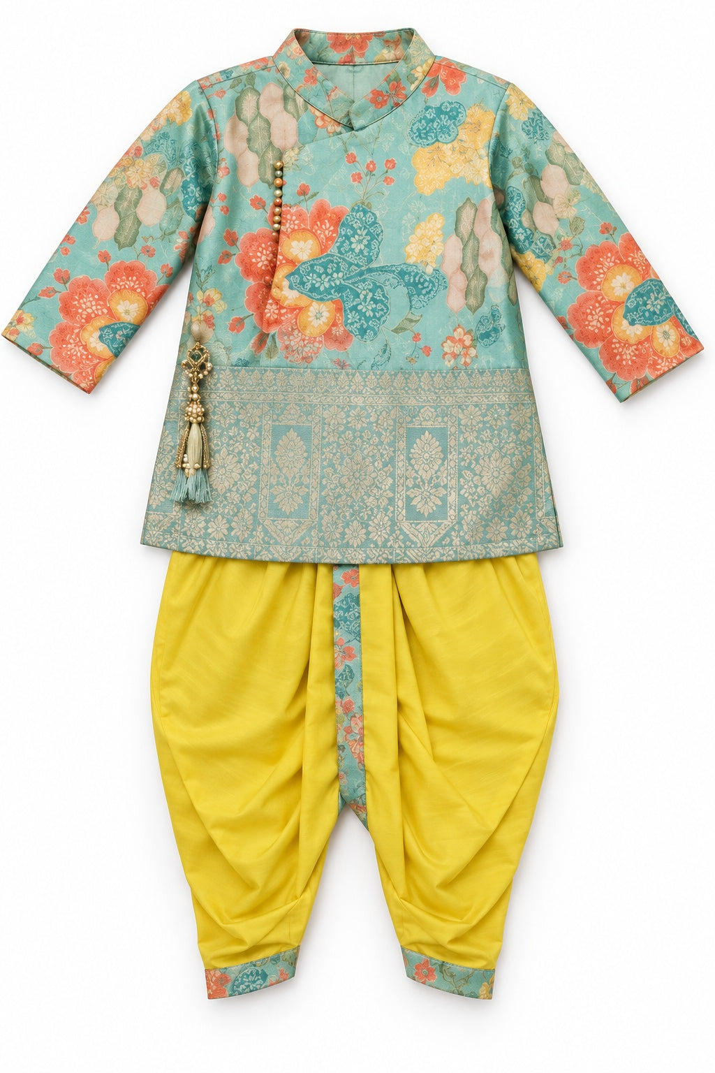 Boys Green Floral Kurta and Yellow Dhoti Set (Shoes Not Included)