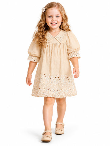 Girls Cream Frock with Cutwork Hem and Puff Sleeves