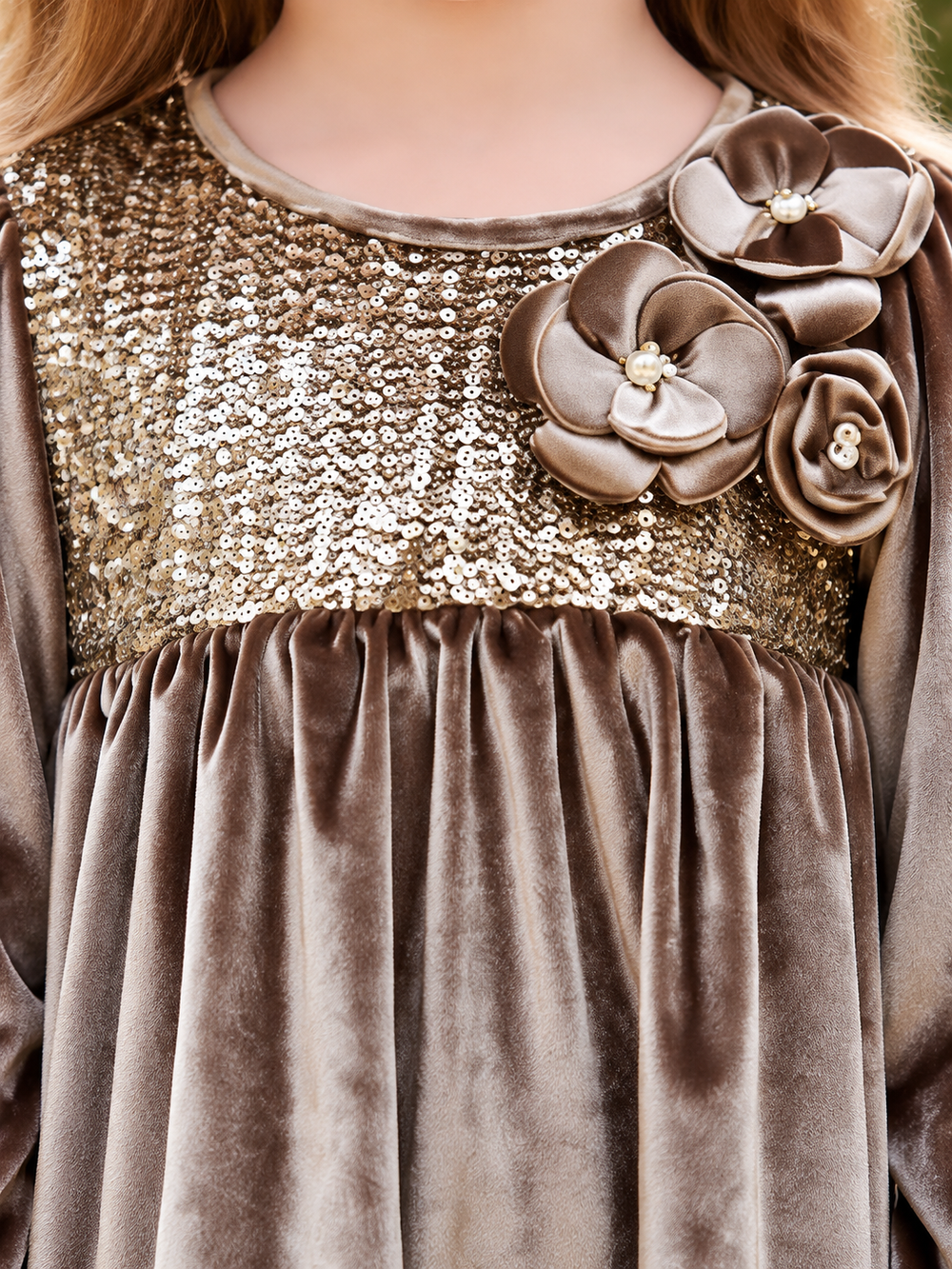 Girls Coffee Sequin Velvet Party Dress