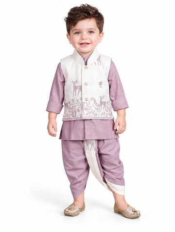 Boys Purple Kurta and Dhoti Set with Deer Motif Jacket