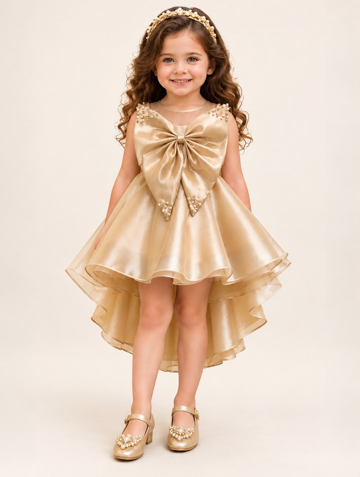 Girls Fawn Satin Party Frock with Big Bow