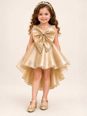Girls Fawn Satin Party Frock with Big Bow
