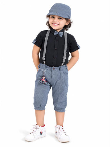 Boys Black Shirt and Grey Shorts Set with Bow Tie and Suspenders
