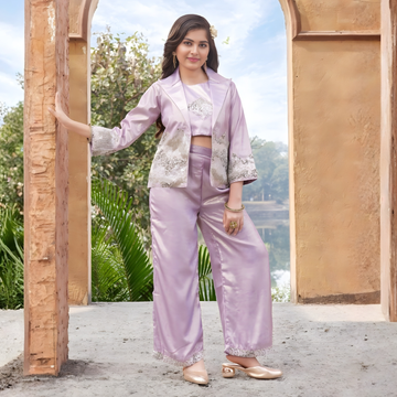 Purple Embroidered Jacket Palazzo Set for Girls