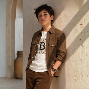 Boys Brown Shirt Front Button With Pocket