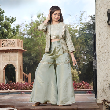 Green Embroidered Crop Top Palazzo Set With Jacket