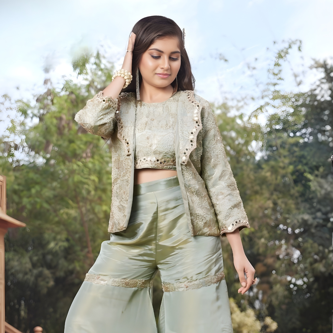 Green Embroidered Crop Top Palazzo Set With Jacket