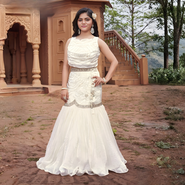 Cream Embroidered Organza Fishcut Lehenga Choli