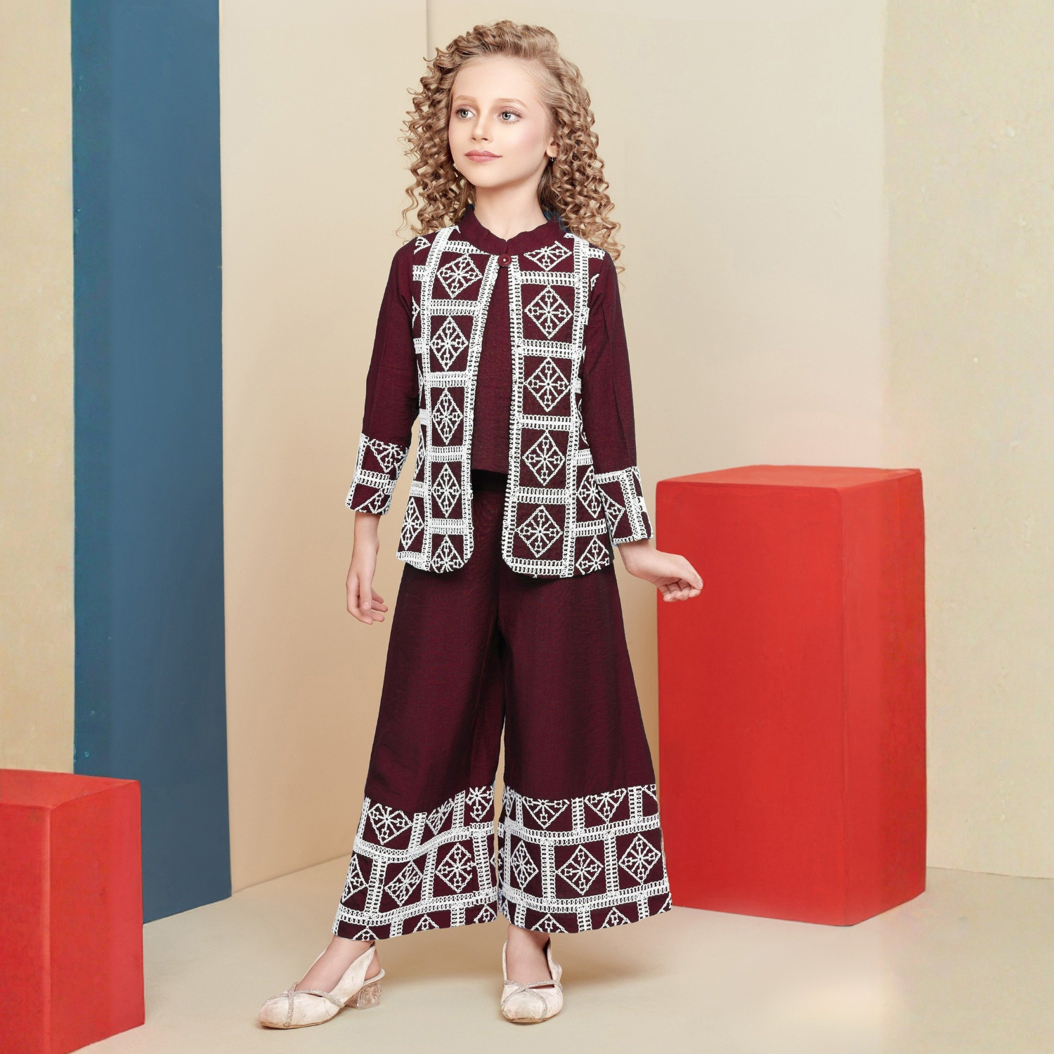 Girls Maroon Embroidered Top With Jacket palazzo Set