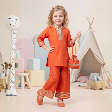 Trendy Kids Girls Orange Embroidered Kurti Palazzo Set